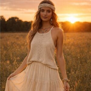 Soft Knit Bohemian Beige Sweater Tank Top Cottagecore